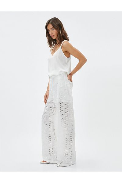Koton Wide Leg Trousers Scallop Floral Half Lined