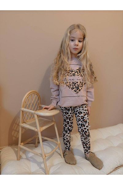 YİGİT BUTİK Leopard Heart Printed Leggings Girl's Bottom Top Set