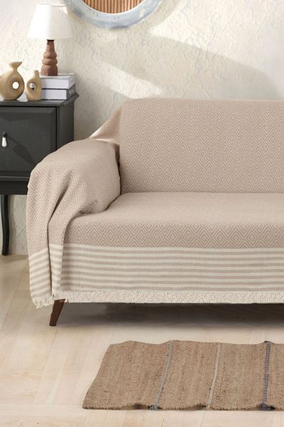 Miracolo Home غطاء أريكة وسرير أريكة بيج 3 متر من القطن الناعم غير القابل للانزلاق، أذرع محبوكة مع هامش أمامي