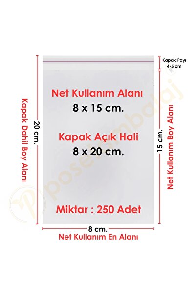 CarpCorn 8x15+5 Cm (8*20) 250 Adet - Şeffaf Bantlı Yapışkanlı Opp Jelatin Poşet
