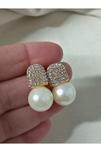 mos&more Gold Taşlı Mineli İnci Şık Kadın Küpe