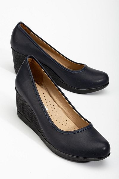 Dilimler Ayakkabı Wedge Sole Faux Leather Orthopedic Navy Blue Black Women's Wedge Heeled Shoes