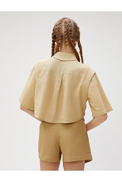 Koton Crop Gömlek Keten Karışımlı Kargo Cepli Kısa Kollu