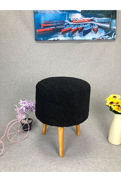 BEYLERBEYİ Coco Puf, Peluş,3 Ayak, SİYAH,oturma Odası, Makyaj Masası Pufu