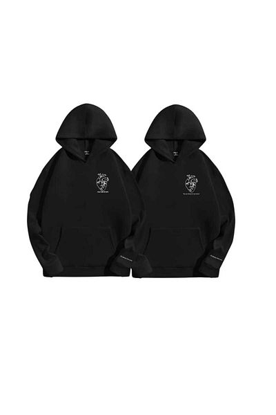 BUY CENTER Pack of 2 Black Unisex Couple Lover Combination Heart Sleeve Printed Hooded Sweatshirt