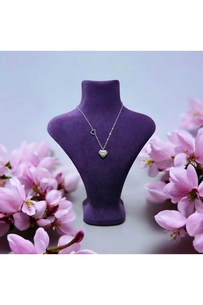 feyza collection الحد الأدنى من قلادة الفولاذ الفضية ذات القلب المزدوج