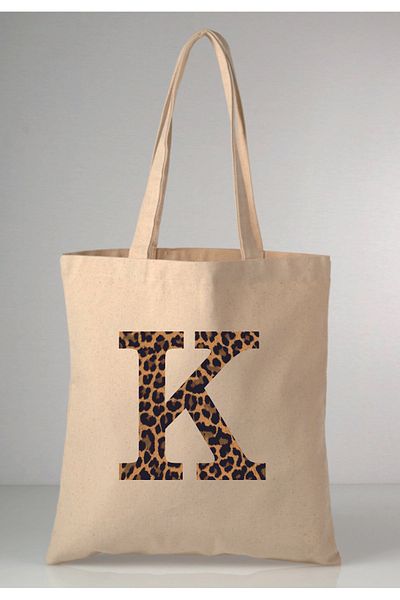 MODA Leopard Print Letter K Printed Raw Cloth 35X40 Ecru Shoulder Bag