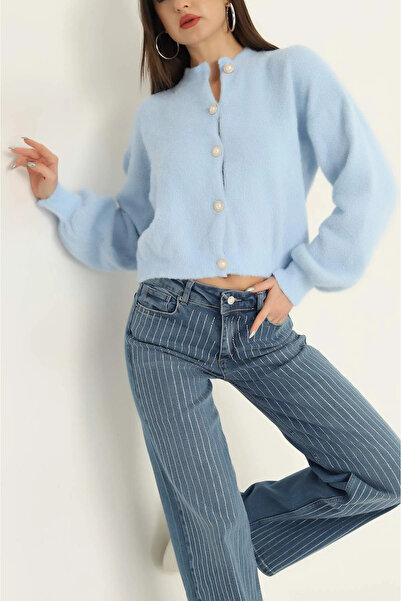 Vaveyla Cardigan tricotat cu mâneci balon din fire moale cu barbă albastră