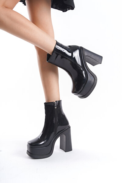 Shoesers Kadın Özel Tasarım Yüksek Platform Topuklu Küt Burun Siyah Rugan Fermuarlı Bot