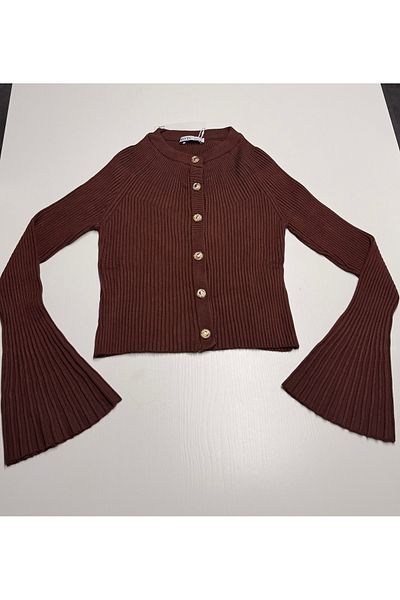 Dilvin 60246 Crew Neck Button Spanish Sleeve Knitwear Cardigan-Brown