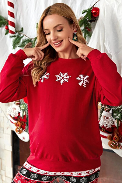 Wish BF Hanorac roșu cu gât roșu cu imprimeu fulgi de nea de maternitate