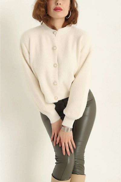 Vaveyla Yumoş Bearded Thread Balloon Sleeve Button Knitwear Cardigan