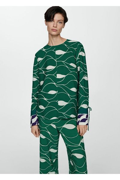 MANGO Woman Tie Detailed Patterned Blouse