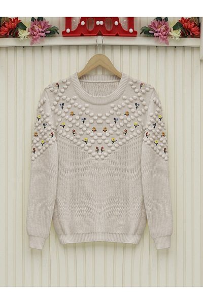 Modamorfo Pulover cu gât rotund cu broderie cu flori cu pompon colorat în piatră