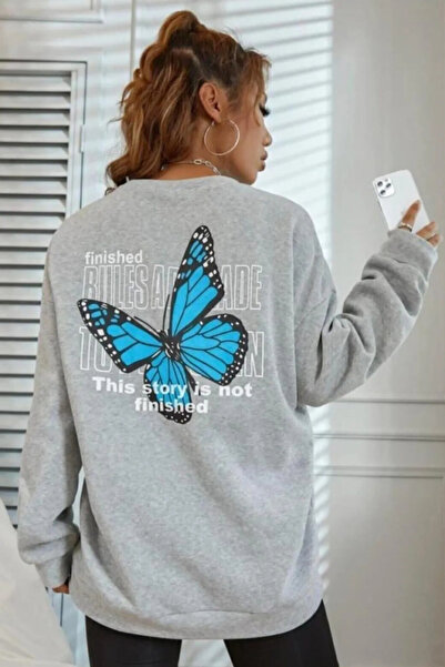 Wish BF Hanorac pentru damă, gri oversize, albastru, cu spate fluture