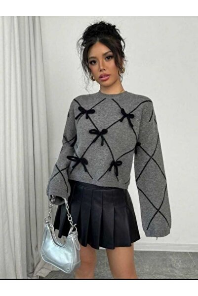 dgs dagıstanlı Pulover din tricotaje gri închis cu model cu fundă