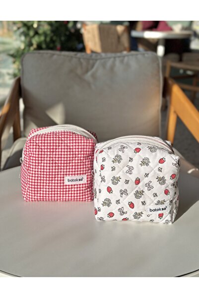 Batekso 2'li Kırmızı Çilek Ve Kırmızı Kare Desenli Makyaj Çantası - Küçük Boy