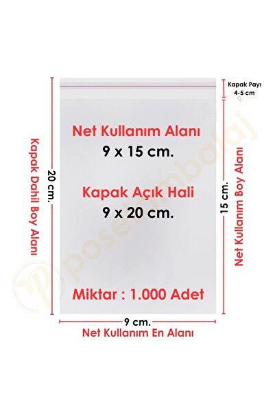 CarpCorn 9x15+5 Cm. (9*20) 1.000 Adet Şeffaf Bantlı Yapışkanlı Jelatin Poşet