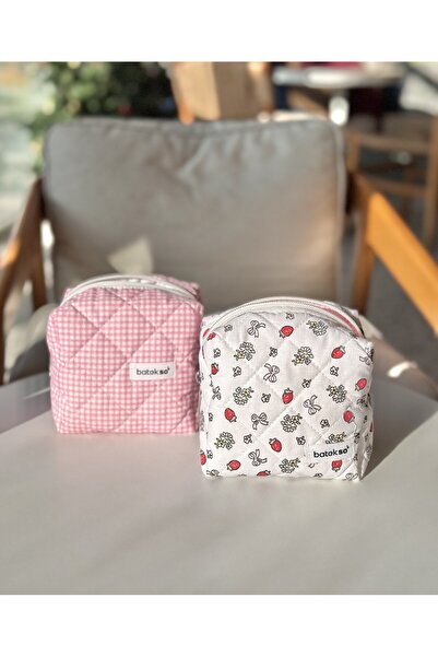 Batekso 2'li Kırmızı Çilek Ve Pembe Kare Desenli Makyaj Çantası - Küçük Boy