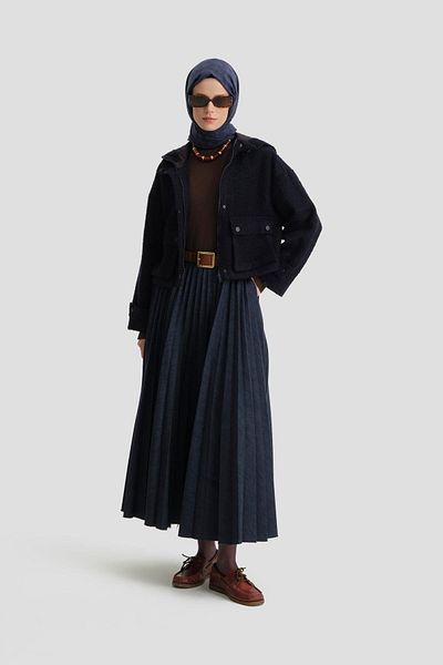 Armine Navy Blue Tweed Fabric Coat - 24K5702