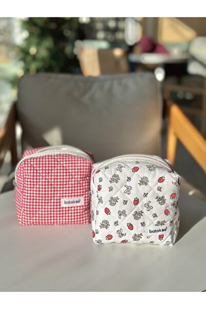 Batekso 2'li Kırmızı Çilek Ve Kırmızı Kare Desenli Makyaj Çantası - Küçük Boy