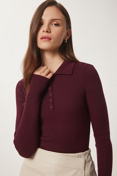Lovelyİstanbul Pulover din tricot cu nervuri roșu Claret - LUS0061