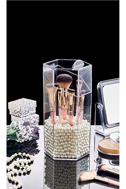 Evonox Deconox Kapaklı Makyaj Fırça Düzenleme Kutusu Altıgen Kapaklı Makyaj Aksesuar Düzenleyici Organizer