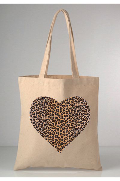 MODA Leopard Print Heart Printed Raw Cloth 35X40 Ecru Shoulder Bag