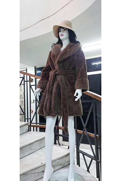 EREN STYLE Yaka ve Kollar Kürklü İçi Nubuk Kemerli Kürk Kaban (100 CM)