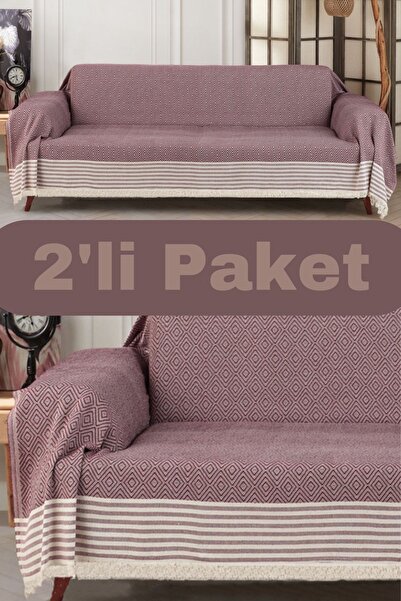 Miracolo Home Bordo Pamuklu Kolları Örten 310 Cm Koltuk Kanepe Çekyat Örtüsü Önden Saçaklı Kaymaz Tasarım (2 ADET)
