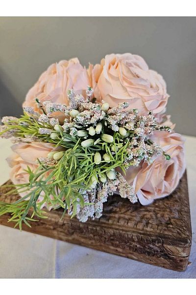 YAPAY ÇİÇEK DERYASI Pudra Bridal Hand Rose Bouquet - Arrangement Wedding Henna Promise Rose Bunch 30cm