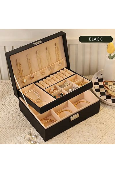 GUNESIHOME Stylish 2-Tier Faux Leather Jewelry Organizer with Lock (Black)