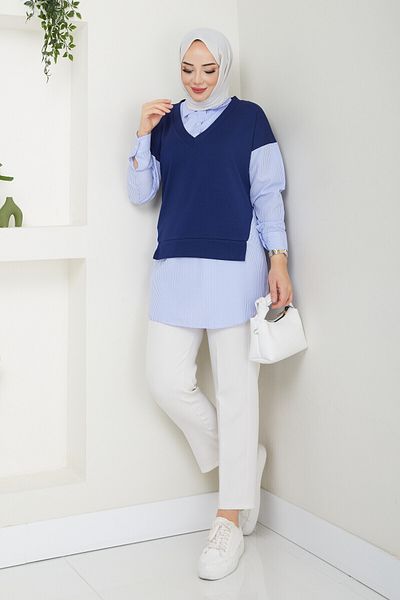 RFK Butik Navy Blue Women's Crop Tunic - Sweater Shirt