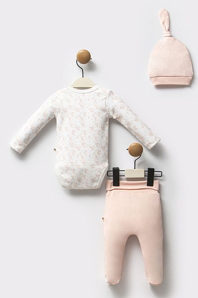 Moi Noi 100% Cotton 3 Piece Set for Baby Girl - Bodysuit, Pants, and Hat