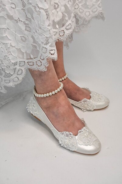 LİNEER Kadın Sedef Kırık Beyaz Dantelli Incili Gelin Babet