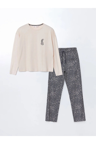 LC Waikiki LCW DREAM Gri Bisiklet Yaka Leopar Desenli Kadın Pijama Takımı