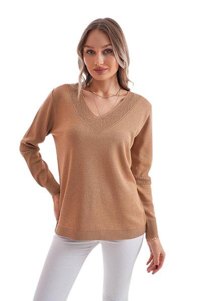 lavella Women's V-Neck Silvery Sleeve Detail Sweater 12787 Bgl-St04108