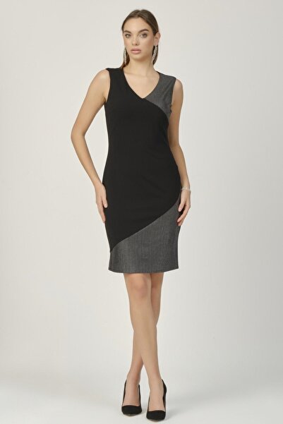 ZY BUTİK Black V-Neck Sleeveless Silver Leaf Detail Pencil Dress