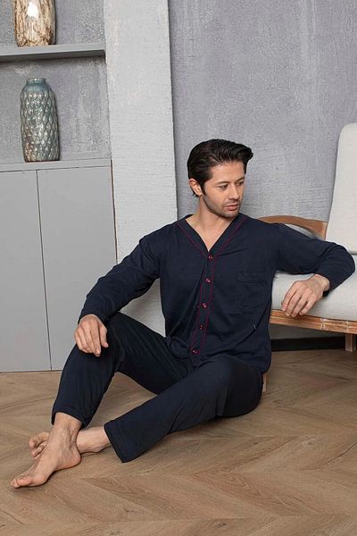 Minties Ribbed Navy Blue Long Sleeve 100% Cotton Jacquard Single Jersey Men's Pajamas Set