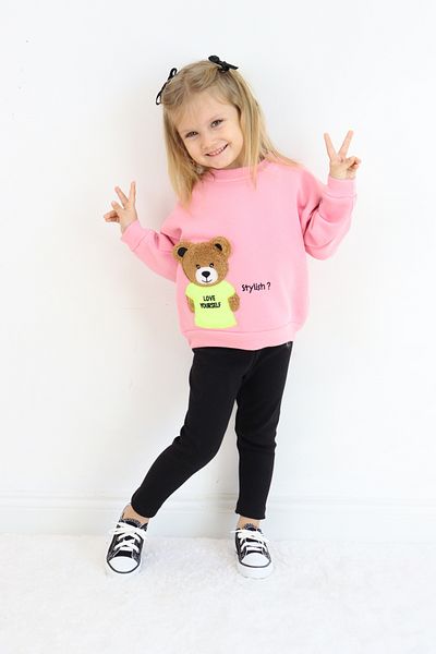 Pijamella Girls' Bear Embroidered 2-Piece Set Oversize Sweatshirt Top-Lycra Leggings