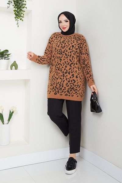 Pamuk Butik Дамска плетена туника с брада и леопард