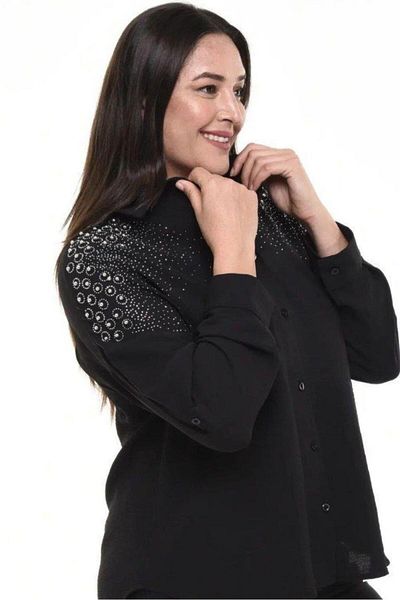 Zer Otantik Cămașă Aerobin Brodat cu margele Plus Size Negru