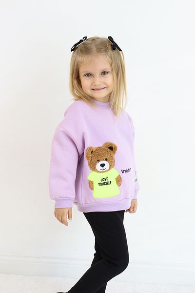 Pijamella Girls' Bear Embroidered 2-Piece Set Oversize Sweatshirt Top-Lycra Leggings