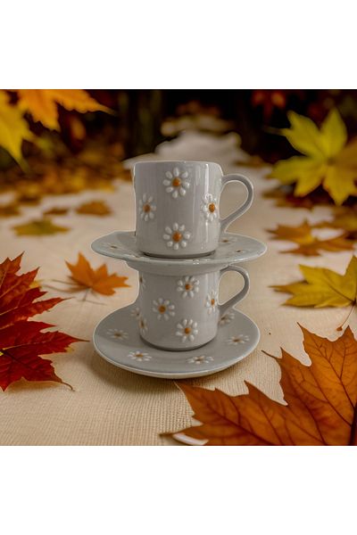 Çiporcal Meadow Chamomile 2-Pack Turkish Coffee Cup Ceramic Handwork