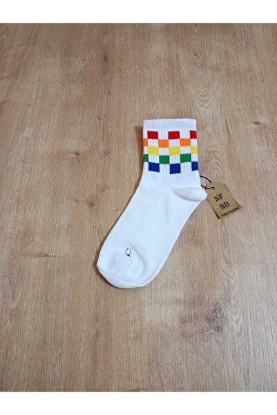 ENEFENDİ Checked Patterned Cotton Soft Socks Arakonç Women's White Socket Soc...