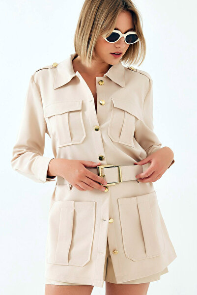 Ottawe Relaxed Fit Dört Cepli Rahat Gömlek Yaka Kemerli Uzun Kollu Düğme Kapa...