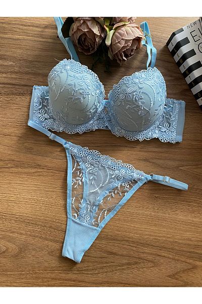 RUYAZ Lace Supported Women's Blue Padded Bra Suit