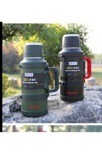 teknotrust Termos 3.2 Litre Siyah-gümüş-yeşil Renkler Kamp Aile Boy Çelik Termos