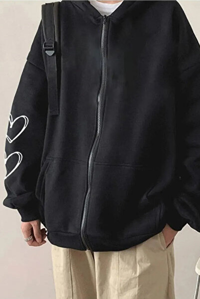 Wish BF Siyah Kapüşonlu Fermuarlı Kanguru Cepli Gotik Kalp Baskılı Sweat Hırka