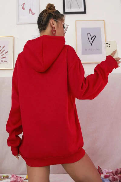 Wish BF Kırmızı Kelebek Baskılı Oversıze Kapüşonlu Sweatshırt